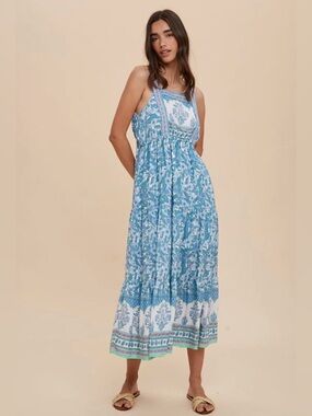 Urban Outfitters Blue Boho Floral Tiered Maxi Lined Square neckline Dress